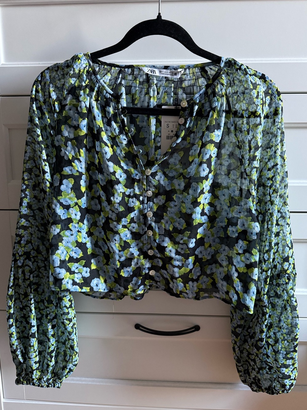 ZARA NWT Green Floral Button Front Crop Blouse Size Small Brand New